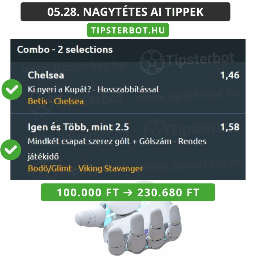 05.28. NAGYTÉTES AI TIPPEK - TIPSTERBOT.HU - Combo - 2 selections - Chelsea - Ki nyeri a Kupát? - Hosszabbítással - Betis - Chelsea - 1,46 - Igen és Több, mint 2.5 - Mindkét csapat sz